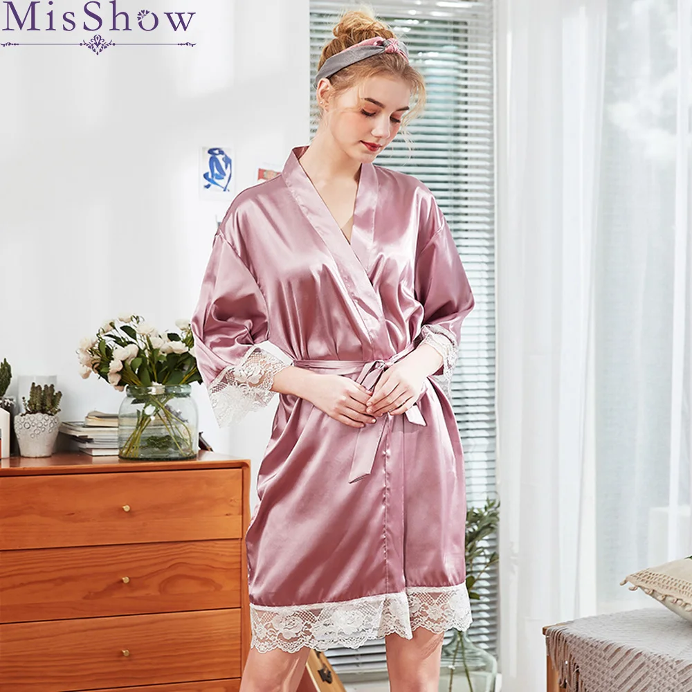 

2019 Wedding Bride Bridesmaid Solid Color Robe Satin Lace Bathrobe Nightgown For Women Kimono Sleepwear Flower Plus Size M-XXL