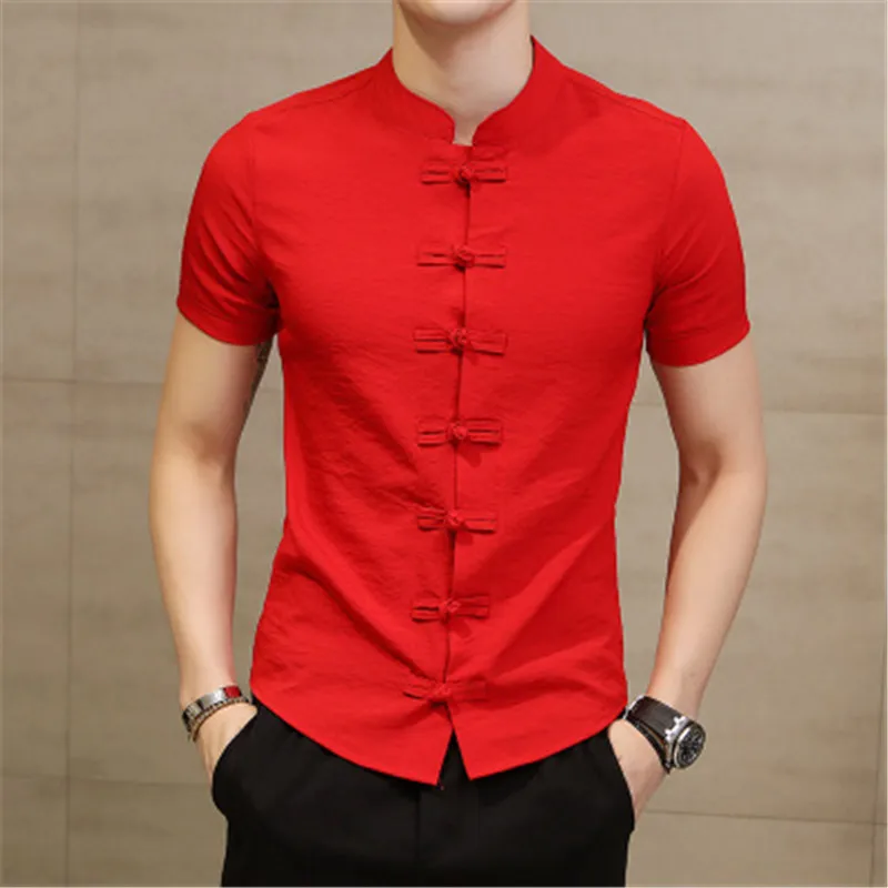 

Men's Chinese Style Button Solid Shirts Short Sleeve Shirt Slim Linen Clothes