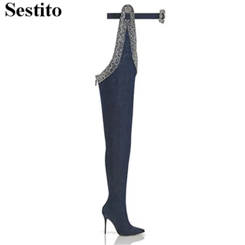

Europe Fashion Blue Denim Print Buckle Woman Boots Pointed Toe Over-the-Knee Boots Women Slip-on Thin Heels Catwalk Women Shoes