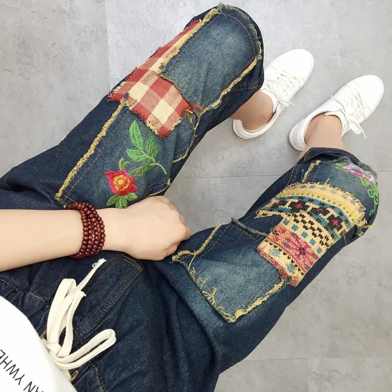 

Casual Vintage Ethnic Retro Boho Style Embroidered Patchwork Jeans Blue Denim Loose Summer Calf Length Pants Pantolon Trousers