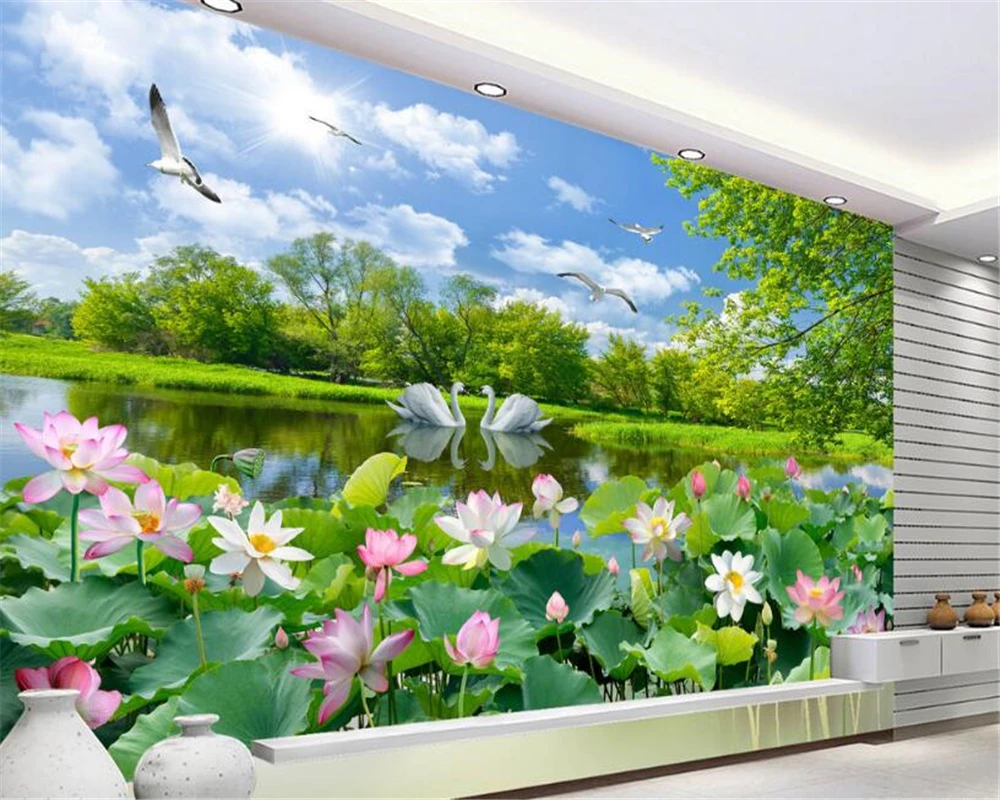 

beibehang Beautiful silk cloth landscape wall paper romantic Swan Lake Lotus living room landscape TV backdrop 3d wallpaper