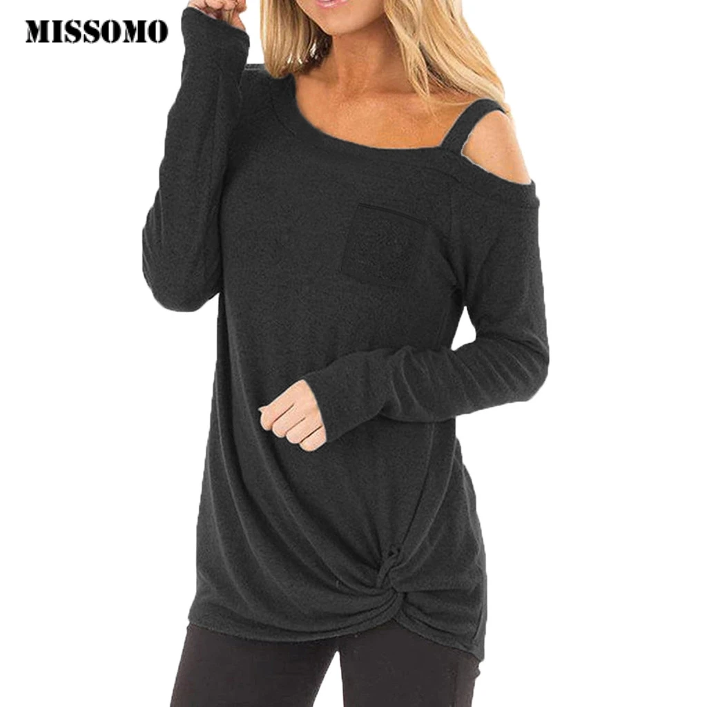 

MISSOMO womens t shirt tops New StyleWomens Casual Soft Long Sleeves O Neck Knot Side Twist shirt Top T-Shirt femme