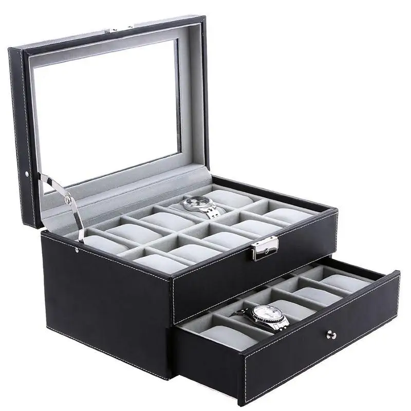 

OUNONA Wooden 20 Slots Watch Display Box Double-Deck Glass Watch Display Case Lockable Showcase Jewelry Storage Case Organizer