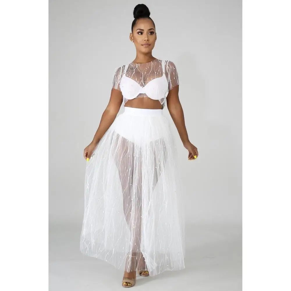 Adogirl, расшитые бисером и жемчугом, прозрачные сетчатые платья для вечеринок, элегантные женские платья с круглым вырезом и коротким рукавом, летнее платье макси, женские платья - Цвет: white dress