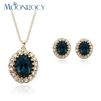 

MOONROCY Free Shipping fashion Blue crystal necklace and earrings Rose Gold Color Crystal Jewelry Set for Women