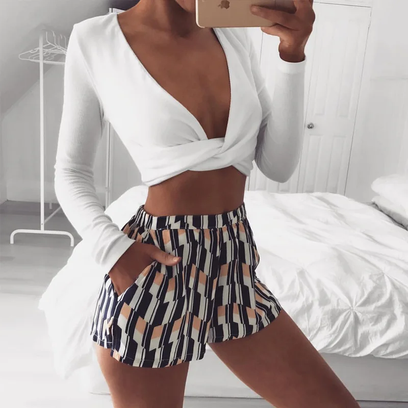 

Deep v neck sexy knot cool blouse shirt women Long sleeve slim crop top 2018 Autumn white blouse blusas Cross Bandage Top