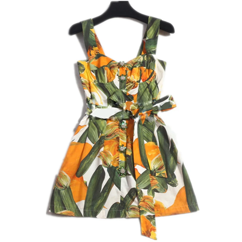 

Luxury Designer Runway Dress Lady 2018 High Quality Women's Print Sleeveless Diamond Button Women New Spaghetti Strap Mini Dress