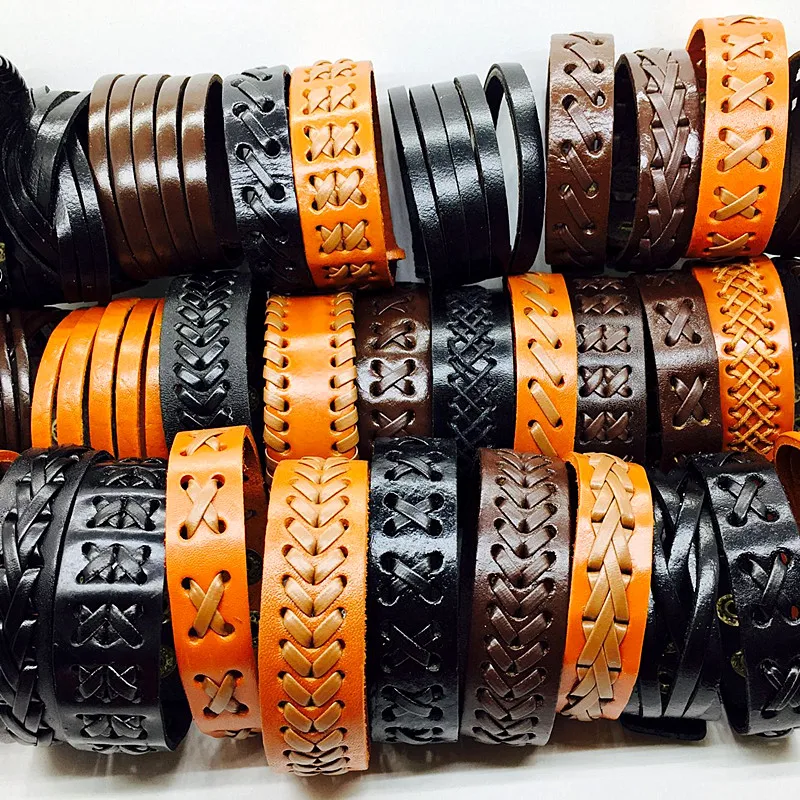 30pcs Genuine Leather Bracelet Men Black/Brown/Coffee Wide Fashion Press button Vintage Cuff charm bangle wristband wholesale