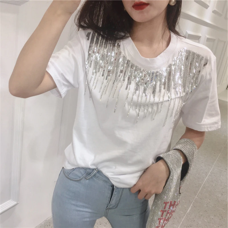 

Fahion Sequin tassel t shirt women 2019 harajuku summer t-shirt tops haut femme tee shirt femme plus size white cotton tshirt