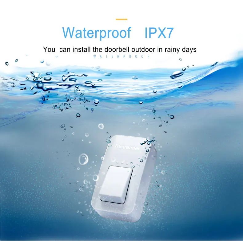 Augreener Wireless Doorbell Button Waterproof No Battery Door Bell EU US UK Plug 100M Long Working Range With 6 Stickers Augreener Wireless Doorbell Button Waterproof No Battery Door Bell EU US UK Plug 100M Long Working Range With 6 Stickers