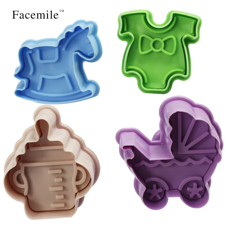

4PCS/ set 3D Plastic Bottle shape and Trojans Cookies Cutter Spring Pressing Mould Cake Decorating Tools 03066