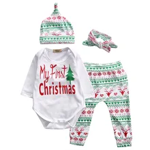 4Pcs/Set Chirstmas Baby Clothing Outfits Sets Xmas Baby Boy Girl Long Sleeve Romper Top+Pant Hat headband Clothes