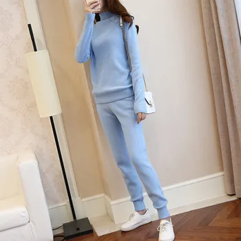 

2019 Drawstring Fashion Rushed Wool Winter Warm Cashmere Suit Female High Collar Pullover Sweater Casual Trousers Two-piece