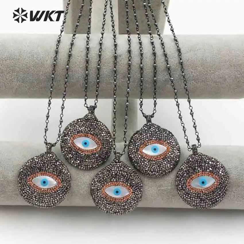 

WT-NV214 WKT Fashion female necklace evil eye shell pendant with rhinestone paved in round shape 18" inch hematite rosary chain