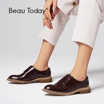 

BeauToday Women Monk Shoes Genuine Cow Leather Round Toe Hook and Loop Design High Quality Ladies Shoes Handmade 24034