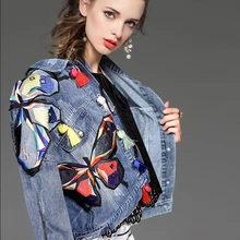 Женская осенняя синяя джинсовая куртка с разноцветной вышивкой бабочки, женские джинсовые пальто с длинным рукавом, свободная верхняя одежда NZ67
