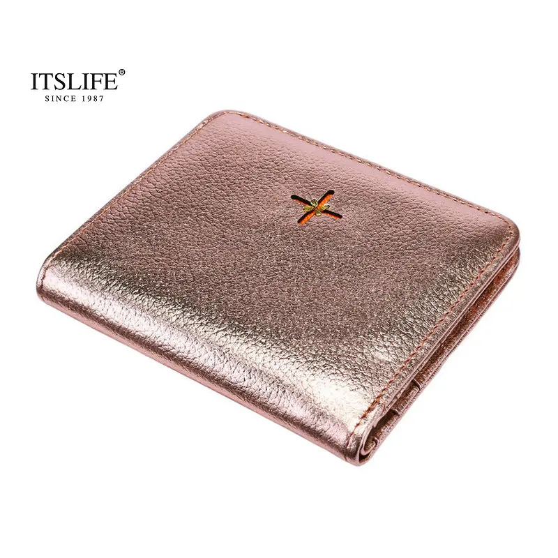 En Ligne Nouveauté femmes en cuir véritable motif de fleurs petit portefeuille court compact bi pli avec fermeture à glissière coin poche en cuir mini sac à main