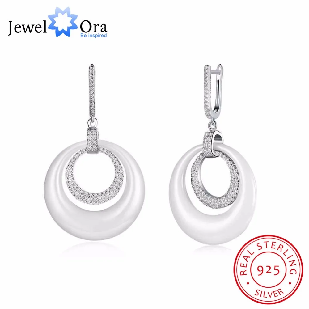 

Women 925 Sterling Silver Droping Earrings Fashion Black Round Ceramic with CZ Dangle Earrings for Lady Gift Jewel Ora EA101971