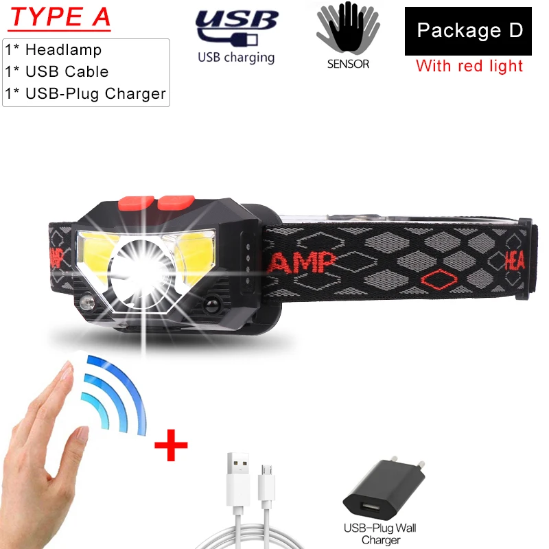 6500Lms Мощный светодиодный налобный фонарь перезаряжаемый с USB датчиком движения тела походный фонарик Головной фонарь - Emitting Color: package D