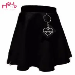 Темно-Harajuku летняя юбка для женщин 2017 жесткая сестра с высокой талией трапециевидные черные мини-юбки вышитые сердца крест с кольцом