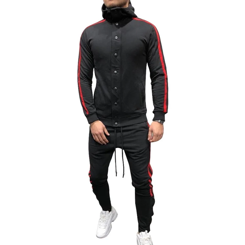 

Laamei 2019 Spring Men Sport Suit Slim Fit Stripe Long Sleeve Button Sportwear Set Sweat Gym Jogging Tracksuit Running Set Z40