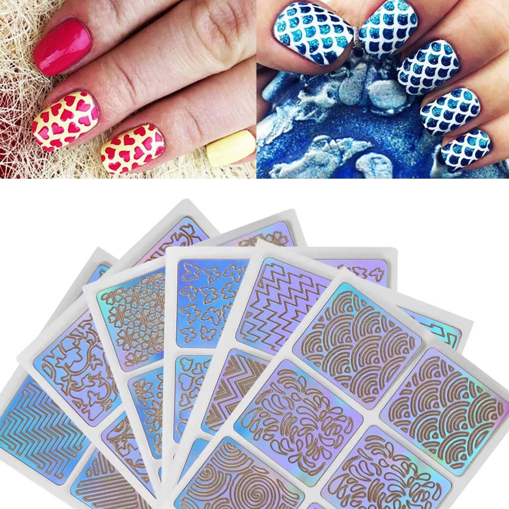 6 Sheets DIY Manicure Irregular Grid Stencil Reusable Nail Art Vinyls
