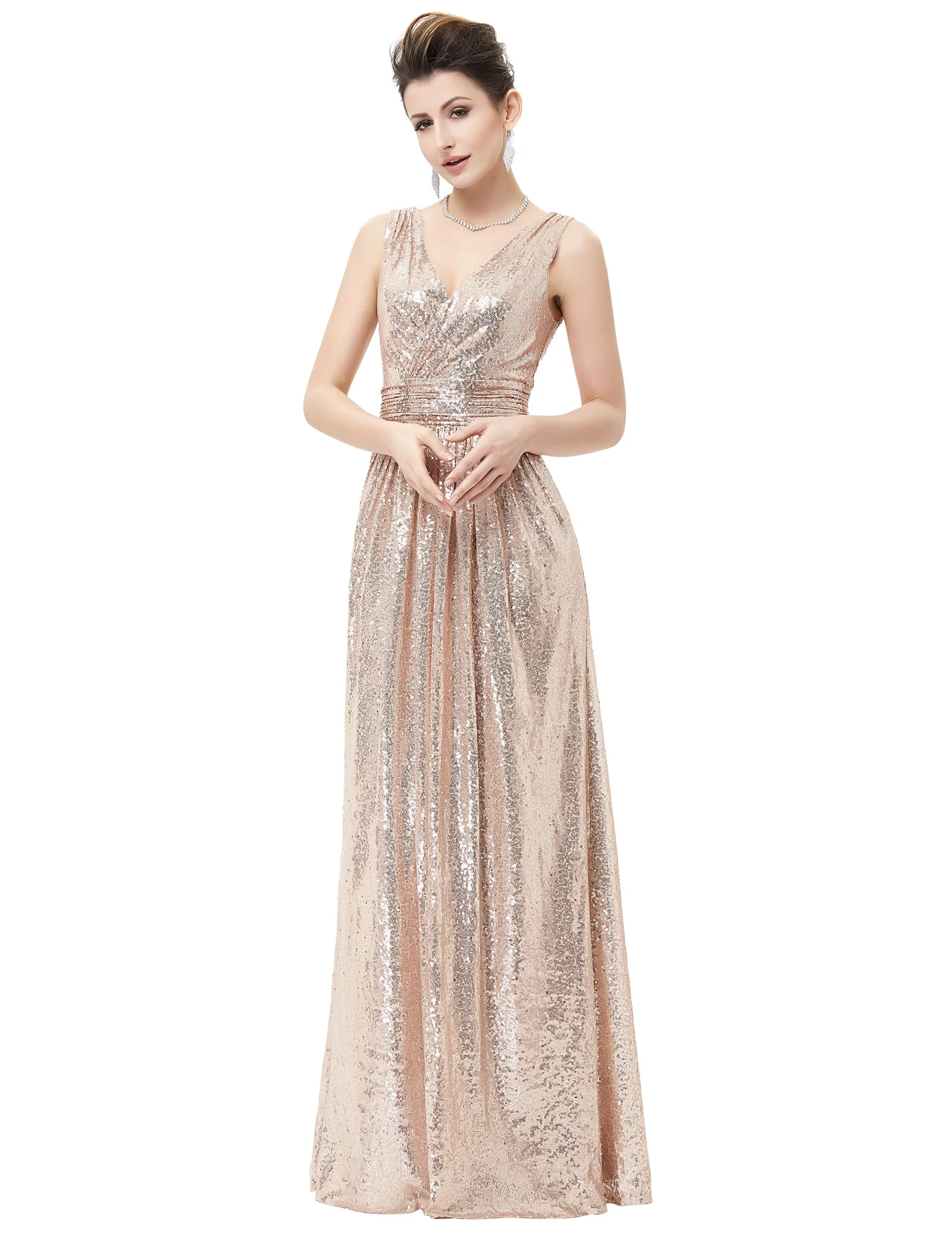 Элегантное блестящее Макси-платье без рукавов с v-образным вырезом и блестками; роскошное торжественное платье для подружки невесты в стиле знаменитостей; платье для свадебной вечеринки; vestido de festa - Цвет: Rose Gold