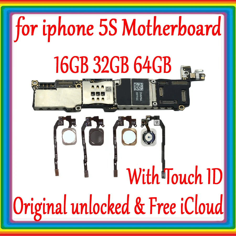 

100% Original unlocked for iphone 5s motherboard 16gb/32gb/64gb, with Chips for iphone 5s Mainboard With Touch ID Tested Good