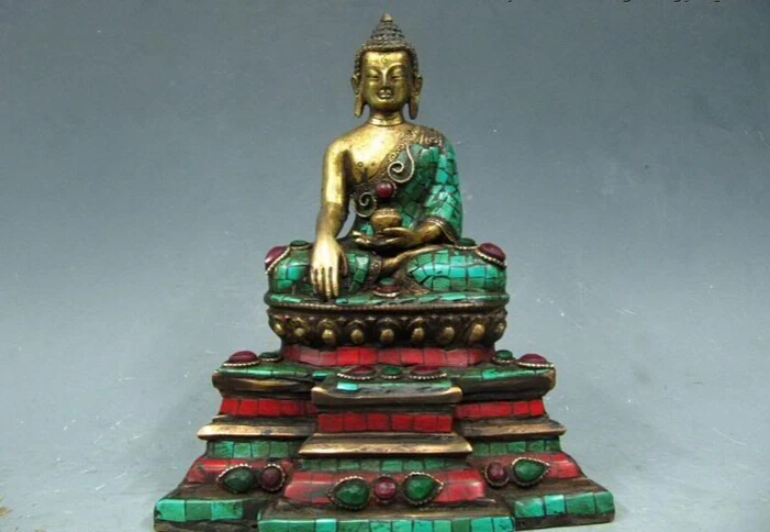 

150624 S2166 Tibet Fane Bronze Copper Gild inlay turquoise coral gem Sakyamuni Buddha Statue
