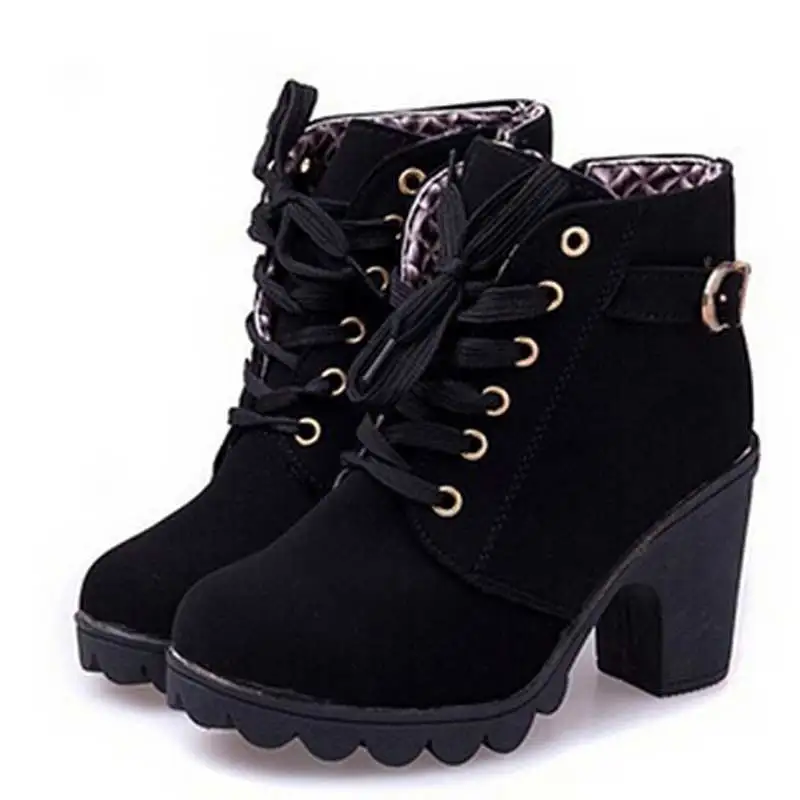 

Ankle boots for women 2019 new elegant square heel shoes woman high heel solid color vintage women boots lace-up women shoes