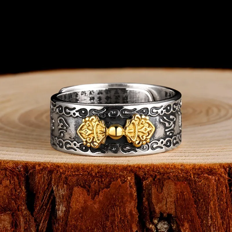ZABRA 990 серебряное кольцо для мужчин буддистское сердце Сутра Ваджра отважный солдат печатка винтажное регулируемое Стерлинговое серебро ювелирные изделия для женщин