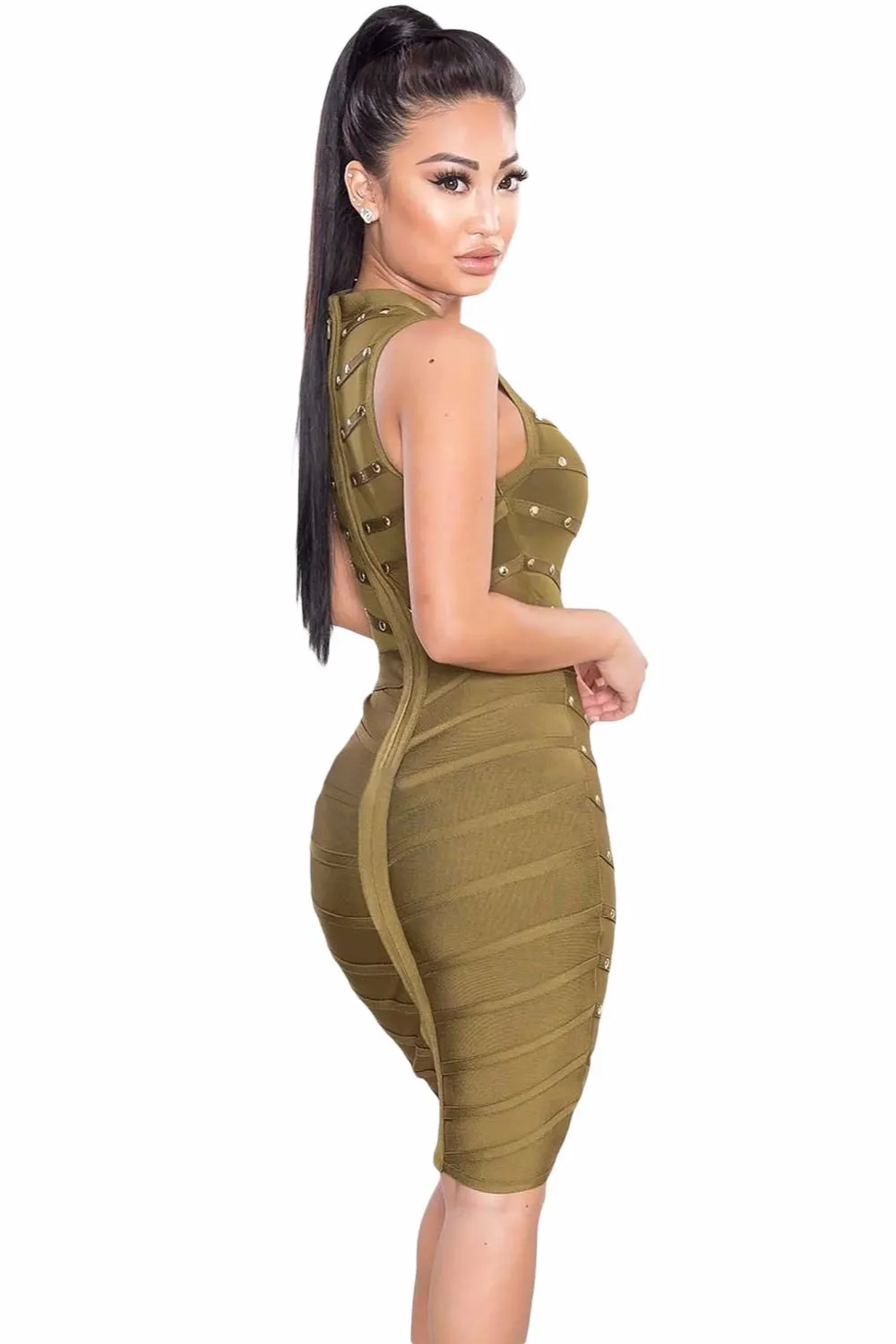 Army-Green-Studded-Bandage-Dress-LC28401-9-2 - 