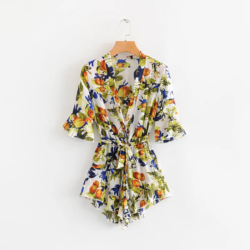 HK561 New Design Fruit Peach Print Deep V neck Slim Waist Playsuit Women Short Sleeve Summer Playsuits | Женская одежда