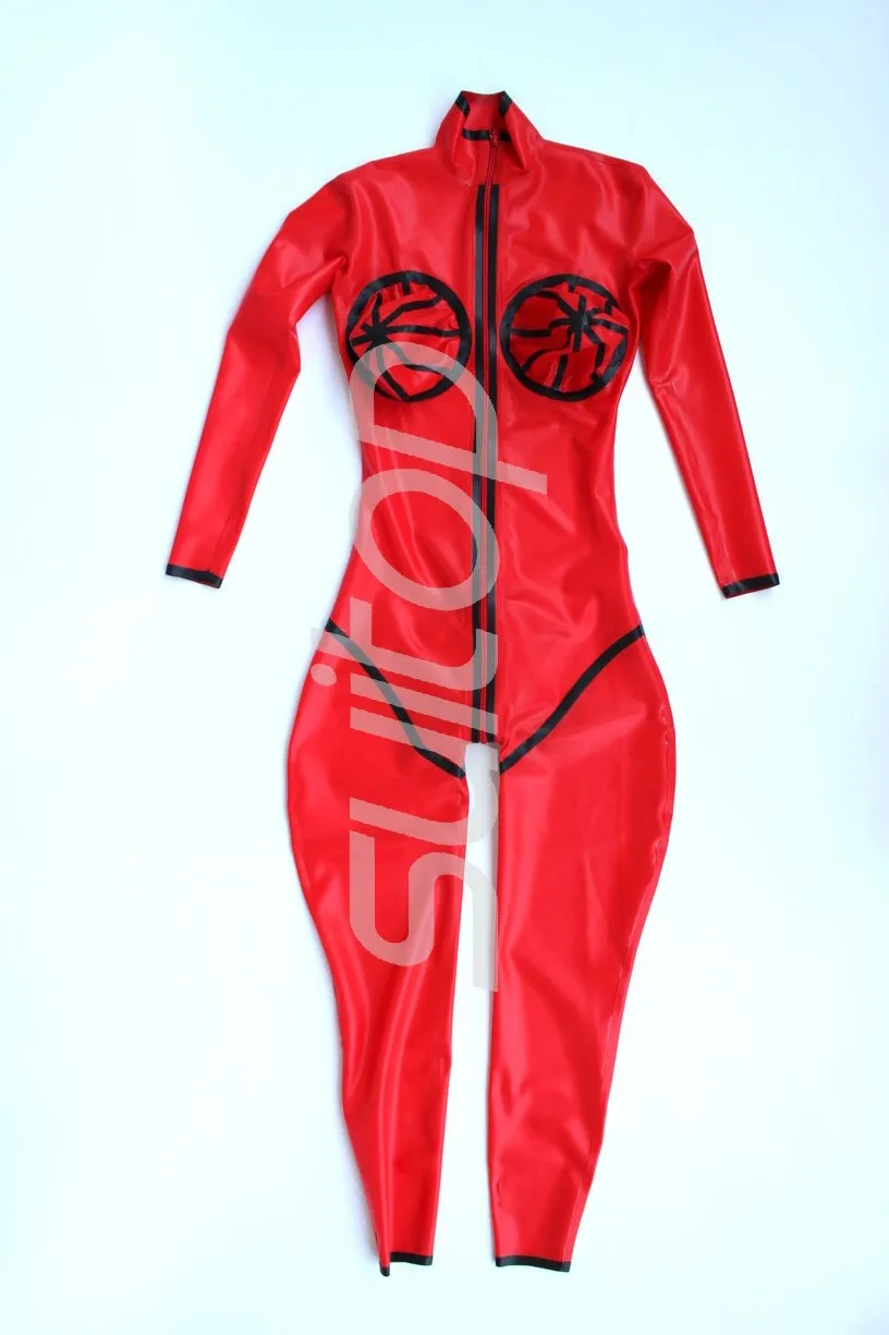 

Men's latex rubber bodysuits inflatable bust with back to crotch zip in high quanlity level in red and black trim