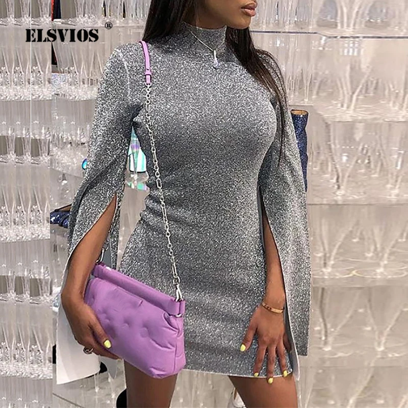 

ELSVIOS Autumn Turtleneck Flare Sleeve Shiny Party Dress Women Sexy Club Glitter Bodycon Dress Elegant Mini Straight Dresses 2XL
