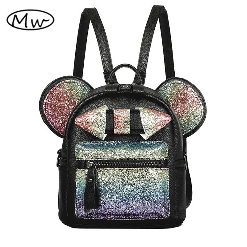 Moon Wood New Shiny Sequins Backpack Cute Mouse Ears Bag Women Mini Backpack PU Leather Backpack