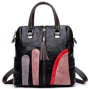 

Fashion Contrast Shoulder Bag Tassel Crossbody Bag Multifunctional Zipper Backpack Leather Tassel Backpack