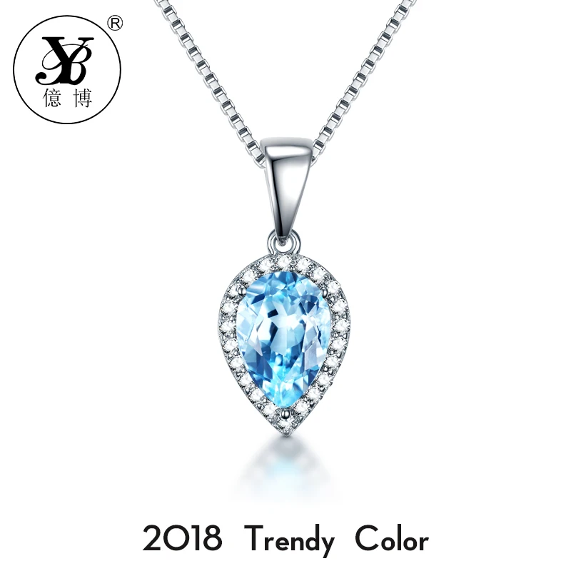 YB Silver Sterling Solid Necklace&Pendant Water Drop Shape With Chain Blue CZ Shiny Party Jewelry pendentif argent 925