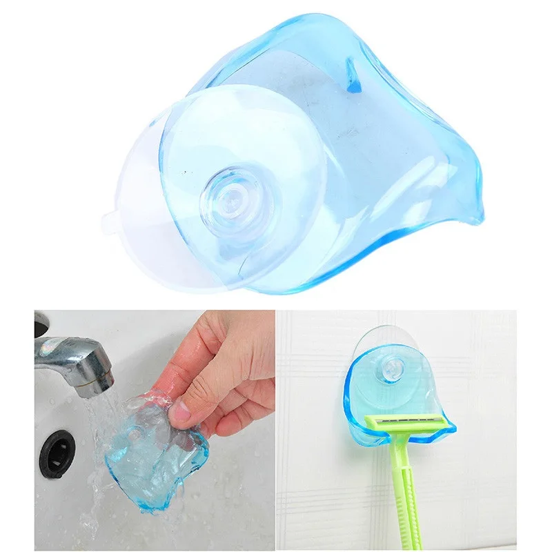 1pcs Blue Plastic Super Suction Cup Razor Rack Bathroom Razor Holder