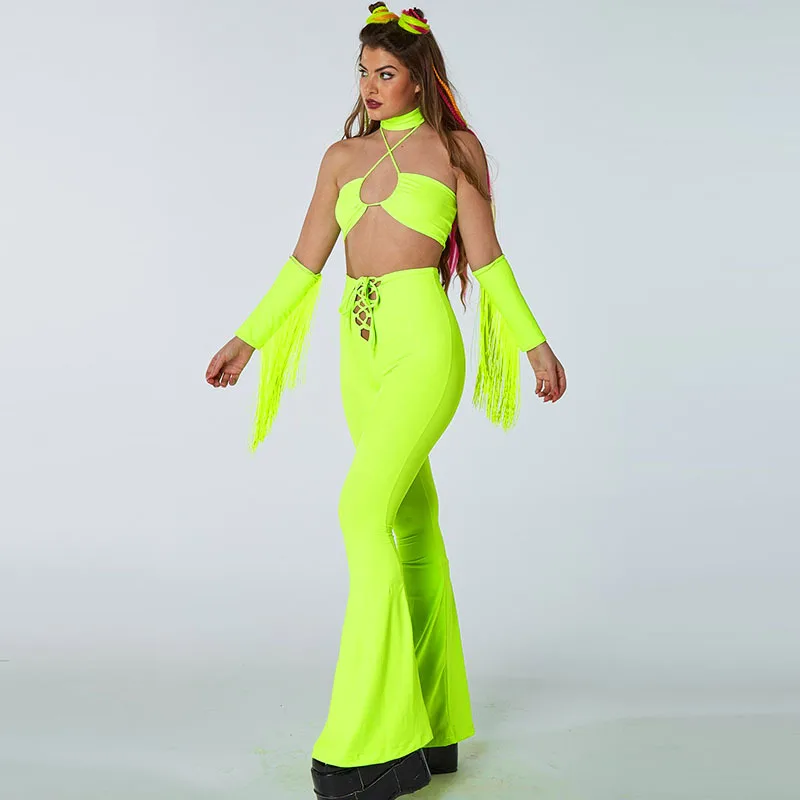

Neon Green Two 2 Piece Set Women Halter Crop Top Separate 2 Sleeves With Tassels Sexy Hollow Bandage Flare Pants 2 pcs Outfits