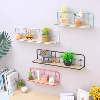 

Wooden Iron Storage Rack Wall Mounted Hanging Kitchen Shelves Organization for Children's Room Home Background Wall Decoration