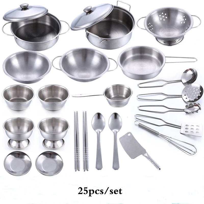 

25Pcs/Set Stainless Steel Simulation Miniature Tableware Kitchen Cooking Pretend Play Toys For Children Kids Girls Boys Gifts