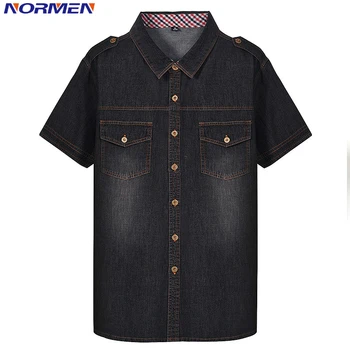 

NORMEN Men's Solid Color Denim Shirts 100% Cotton Short Sleeve Business Shirts Men Pocket Fashion Streetwear Social Shirt Man