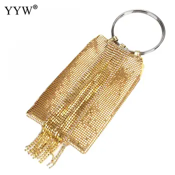 

Gold Polyester Tassels Clutch Bag For Women Wedding Round Handle Silver Rhinestone Rectangle Handbag Elegant Party Purse 2019