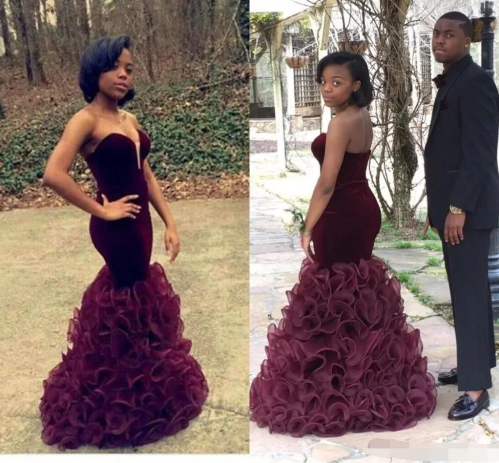 

2019 Evening dress 2019 Unique Prom dresses Sweetheart Strapless Maroon Ruffles Organza Skirt Mermaid Formal Dress Evening gown