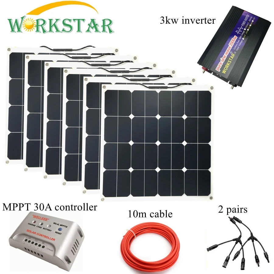 

Sunpower 6pcs 50W 18V Flexible Solar Panel Modules Boat Car RV 12V Battery Solar Charger 300W Complete Solar System