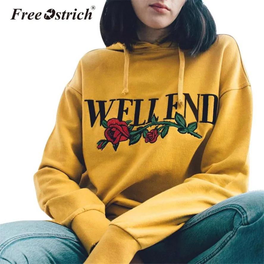 

FREE OSTRICH High Quality Women's Sweatshirt Hoodies Pullover Letter Flower Print Hooded Long Sleeve Embroidery Moletom Feminino
