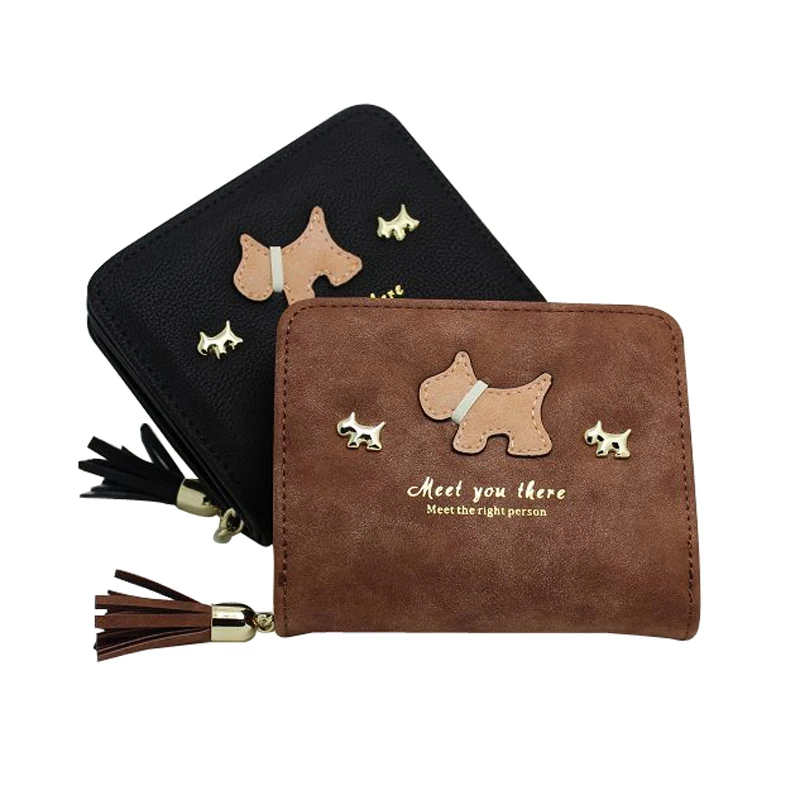 Small Dog Women Wallet Cartoon Leather Girls Short Wallets Fresh Tassel