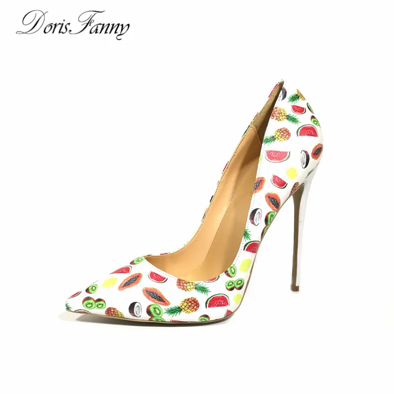 

DorisFanny Woman Evening party shoes 2018 new fashion Watermelon print pointed toe high heels wedding shoes women's shoes