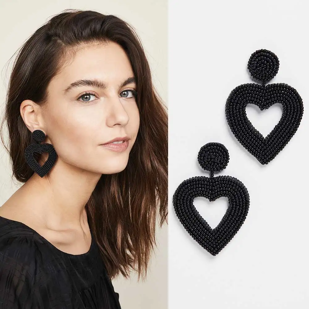 

Dvacaman Black Beads Heart Drop Earrings Women Love Gift Girl Personal Jewelry Hanging Statement Earrings Dropshipping Wholesale